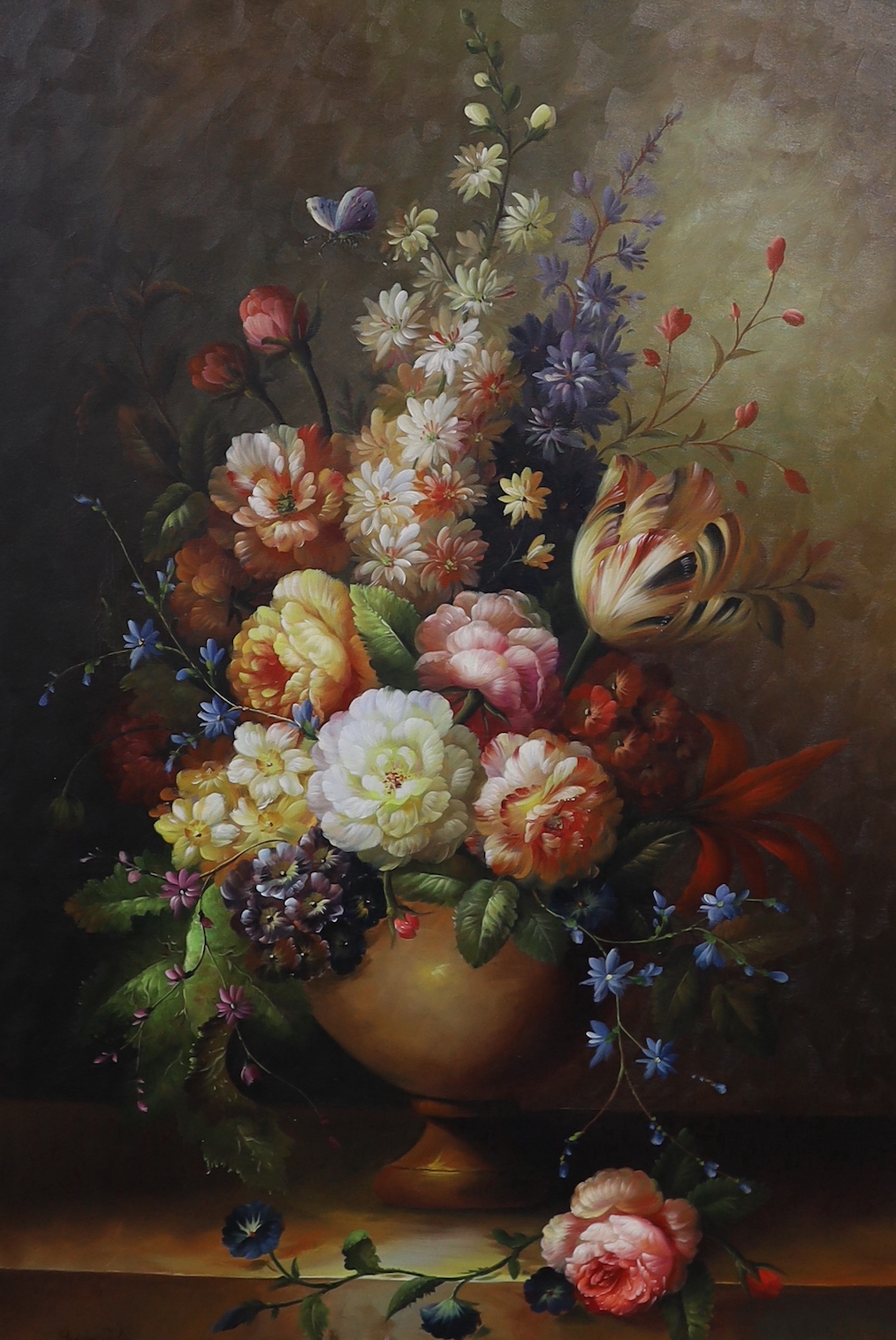 Continental School, oil on canvas, Still life of flowers in an vase, indistinctly signed, possibly Bubarnik, 90 x 60cm